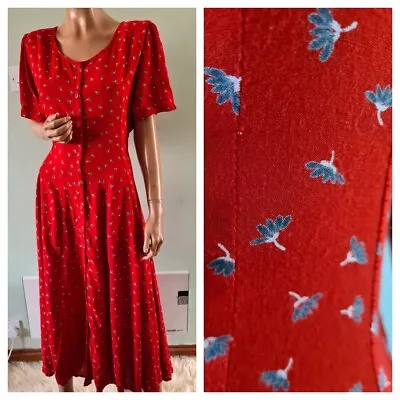 Vintage 90s 12 Red Tie Back Button Front Grunge Tea Dress 1940s Wartime Style • £24.99