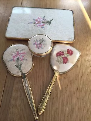 £10 • Buy Vintage Embroidered 4 Piece Vanity Dressing Table Set Mirrors & Tray Lidded Pot