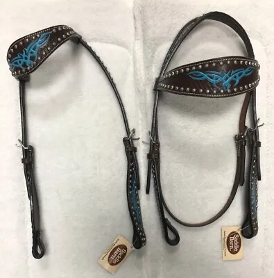 Saddle Barn Blue Tribal Print Leather Headstall Slip Ear 05-55 OR Browband 05-54 • $89.95