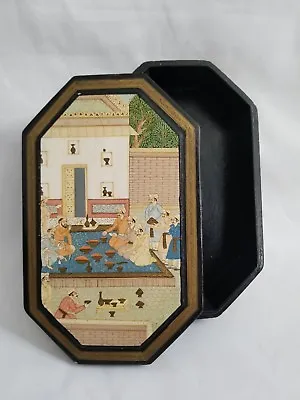 Vintage Indian Wooden Trinket Jewelery Box Mughal Miniature Hand Painted • $147.25