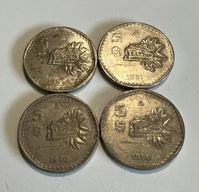 1980-1981 $5 Pesos Coin Circulated / Aztec Feathered Serpent Lot Of 4 • $15
