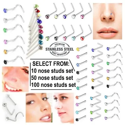 £3.99 • Buy Nose Studs Set Surgical Steel I Screw Straight Silver Pin Stud Gem Piercing Stud