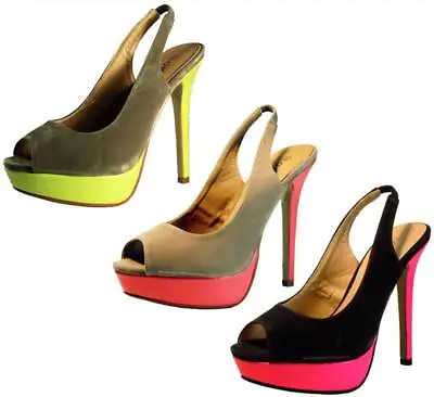 Womens Soft Suede Slingback Neon Pink Yellow Peeptoe High Heel Shoes • £12.99