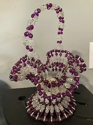 Vintage Hand Crafted Collectible Purple & Clear Safety Pin Beaded Flower Basket. • $14.95