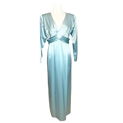 Vintage 80s Size 12 Morton Myles Blue Satin Formal Dress Long Sleeve Maxi Pencil • $149.99