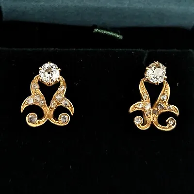 Antique Old Mine Cut Rose Cut Diamond 18k Yellow Gold Earrings Estate Handmade • $890.10
