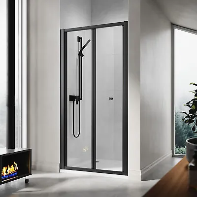Bi Fold Shower Door Enclosure Black Frame Walk In Tempered Glass Cubicle Screen • £139.99