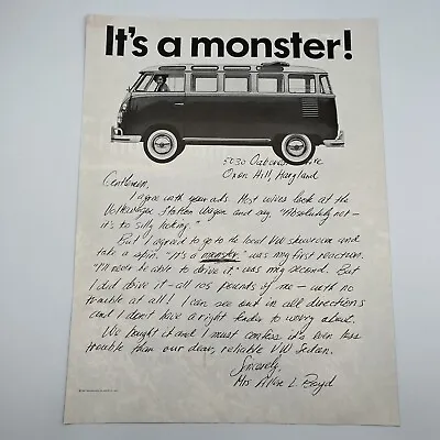 Volkswagen Station Wagon 1962 Print Ad 10 X13.25  Customer Letter It's A MONSTER • $8.25