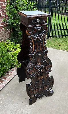 Antique French Pedestal Plant Stand Marble Top Carved Oak 48  T Display Table • $3750