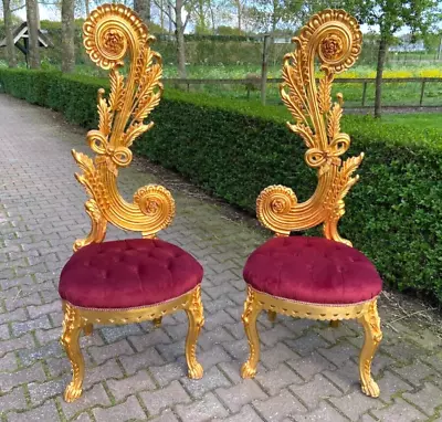 Pair Of Opulent Italian Gold Fantasy Burgundy Tufted Velvet Chairs • $1950