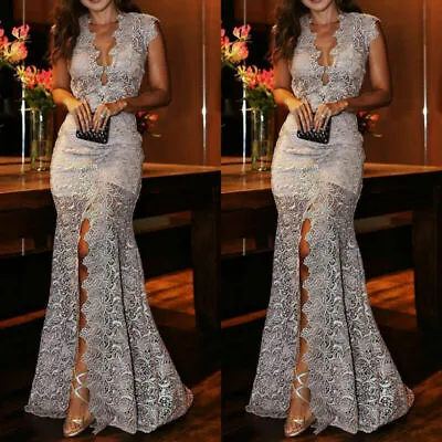 $33.59 • Buy Women Formal Prom Evening Party Gown Dresses V-Neck Lace Bodycon Slit Maxi Dress