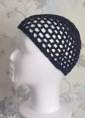 BLACK SILVER SPARKLE CROCHET MESH SKULL CAP HAT 70s Fancy Dress Party ABBA HAT • £7.99