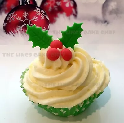 12x Edible Christmas Holly And Berry Decorations Cake Cupcake • £4.69