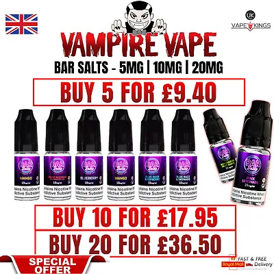 BAR SALTS Vampire Vape Nic Salt 10ml E Liquid 5mg 10mg 20mg Juice 50/50 VG/PG UK • £2.99