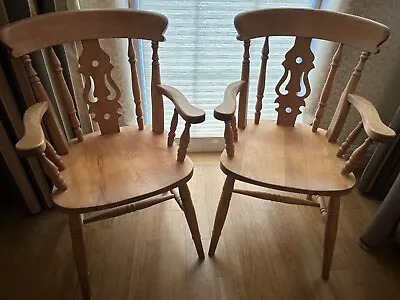 Solid Pine Heavy Farmhouse Carver Dining Chairs (with Arms )-Collect Only • £65