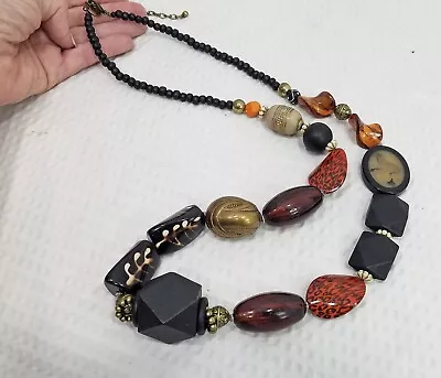 Vintage Chunky Brown Orange & Black Bead African Tribal Ethnic Long Necklace • $19.95