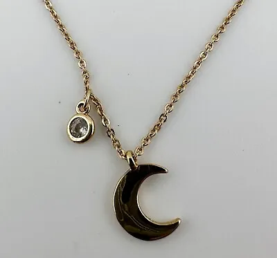 19” Zara Dainty Gold Tone Necklace With Crescent Moon & Crystal IRN 326 • $10