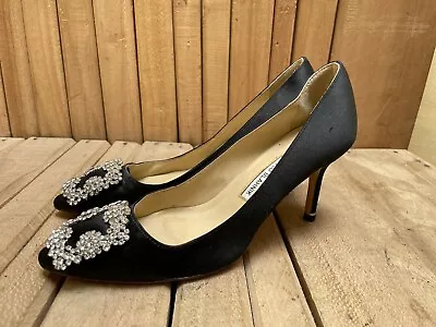 MANOLO BLAHNIK HANGISI Jeweled Black Women's Pumps Heels Size EUR 38/USA 8 /UK 5 • $289.99