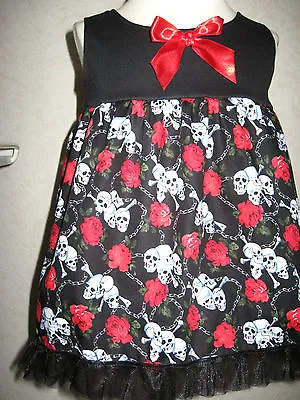 £15.50 • Buy Red Skulls Dress Gothic Baby Girls Black White Roses Top Rock Pirate Party Metal