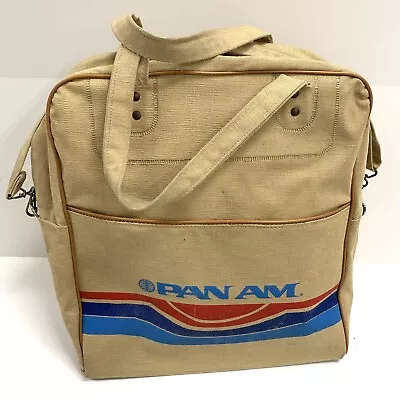 Vintage Pan Am Canvas Carry On Bag Tan Beige Bag Metal Zip Travel Airlines 1970s • $77.54