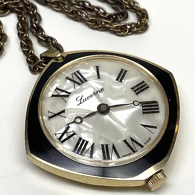 Lucerne Vintage Pendant Watch Necklace MOP Dial Swiss Hand Wind Gold Tone ~ Runs • $35.99