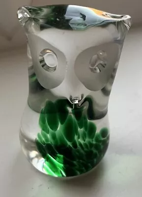 Langham Art Glass Owl Paperweight Figure Green Clear Hand Blown Used • £9
