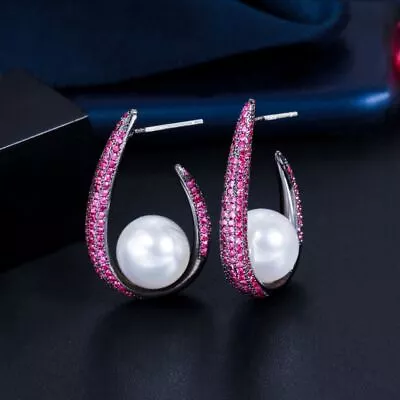 Creative Half Round Micro Pave Hot Pink Red Cubic Zirconia Pearl Drop Earrings • $24