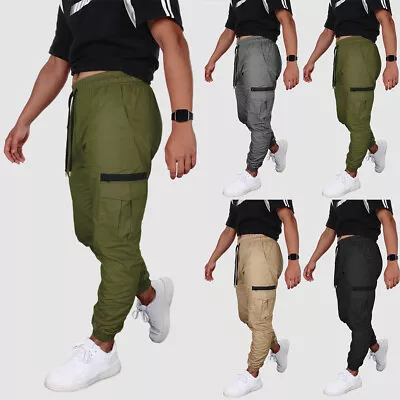 Mens Elasticated Waist Cargo Pant Pockets Combat Work Slim Fit Trousers Joggers • $23.27