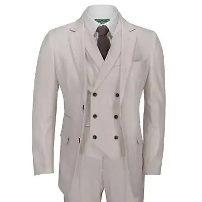 Mens Cream 3 Piece Suit Gold Pinstripe Smart Formal Tailored Fit Wedding Party • $227.37