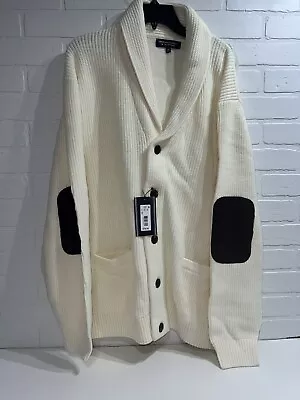 NWT! Roundtree & Yorke Grandpa Cardigan Sweater With Elbow Patches XXL Cream $80 • $40.20