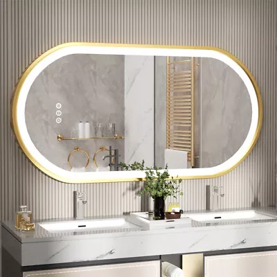 LED Bathroom Mirror 3 Colors Dimmable Anti-fog Gold Framed Lighted Vanity Mirror • $139.91