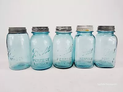 Vintage Ball Zinc Lid Perfect Mason Jars Quart Size Lot Of 5 Blue Glass • $62.22