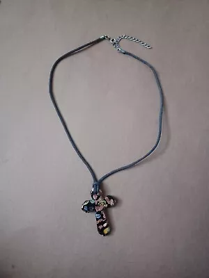 Vintage 90s / 2000s Y2K Art Multicolor Glass Cross Pendant Black Cord Necklace • $14.99