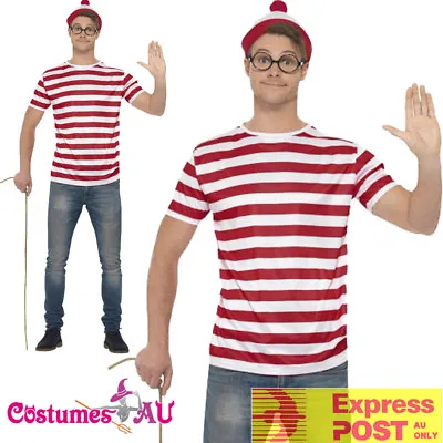 Mens Where's Wally Wheres Waldo Costume Kit Top Hat Glasses Book Week T-Shirt • $28.49