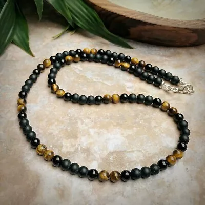 Men Jewelry Necklace Tiger Eyes Stone Mix Black Bead Gemstone • £7