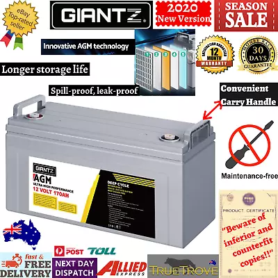 Giantz 170Ah Deep Cycle Battery 12V AGM Marine Sealed Power Portable Box Solar C • $258.47