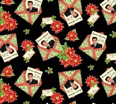 2/3 Yard Elvis Presley Seasonal Greeting Christmas Black Cotton Fabric • $9.95