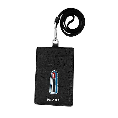 Prada Lipstick Plaque Black Saffiano Leather ID Cardholder Lanyard New • $1056.69