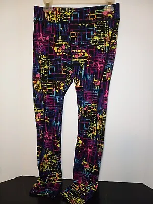 Women Workout Leggings 28  Waist  Fitted 80s Abstract Neon Black  • $8.59