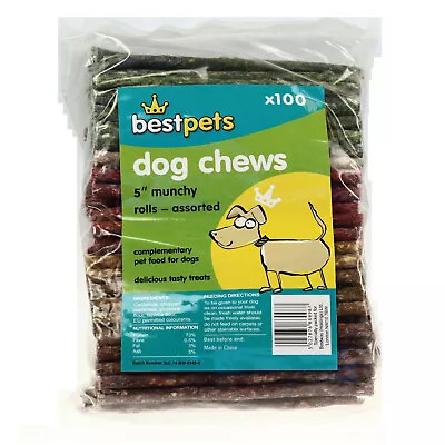 100pk MUNCHY ROLLS : BestPets Thin Assorted Or Plain Hide Sticks Bp Dog Chews  • £8.99