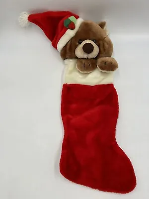 Vintage Christmas Stocking Teddy Bear Brown Plush Santa Hat 24” 3D Holiday Mithy • $14.99