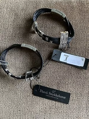 Dansk Smykkekunst Silver With Black Leather Braclet Costume Jewellery • £12.99