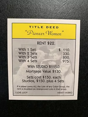 Monopoly I LOVE LUCY Pioneer Women TITLE DEED CARD Game Replacement Piece • $1.59