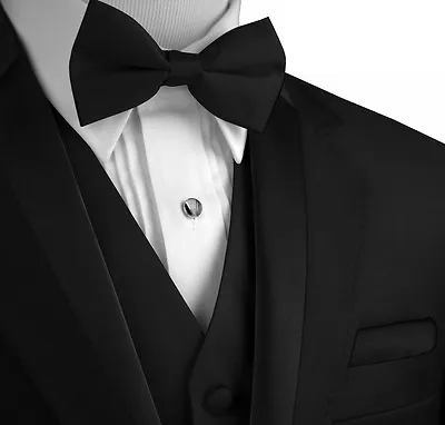Men's Black Satin Formal Tuxedo Vest Bow-Tie & Hankie Set XS - 6XL Reg & Long   • $19.89