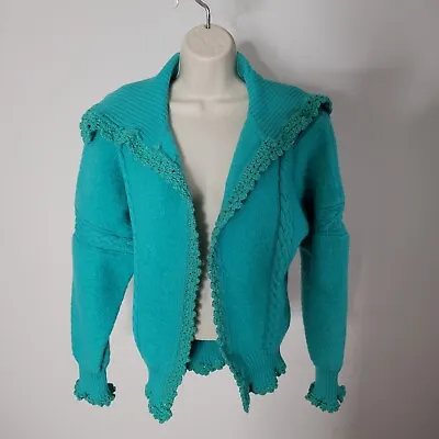 Vintage Womens Sweater Cardigan Medium Aqua Green Knit Wool Ski 70s 80s Open EIR • $29.88