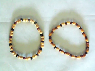 2 Artisan Wooden Bead Bracelet Set Brown Tan Black Fashion Jewelry Mom Gift Girl • $2.99