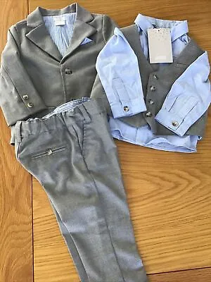 Mamas & Papas Boys Grey Suit Set JacketTrousersshirttiewaistcoat 9-12 Mths • £38