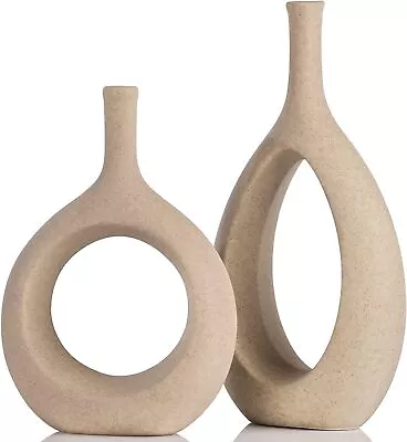 Tan Ceramic Vase Set Of 2Brown Hollow Flower Vase For Modern Decor Living Room • $59.99