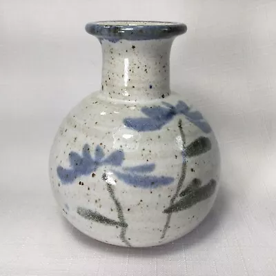 George Pobuda “dragon Fired” Bulbous Pottery Vase 3.75” Gray With Blue Flowers “ • $45