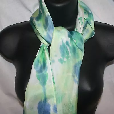 Silk Scarf Hand Painted Batik Green Blue And White Shibori Style 8 By 53 Inch • $30